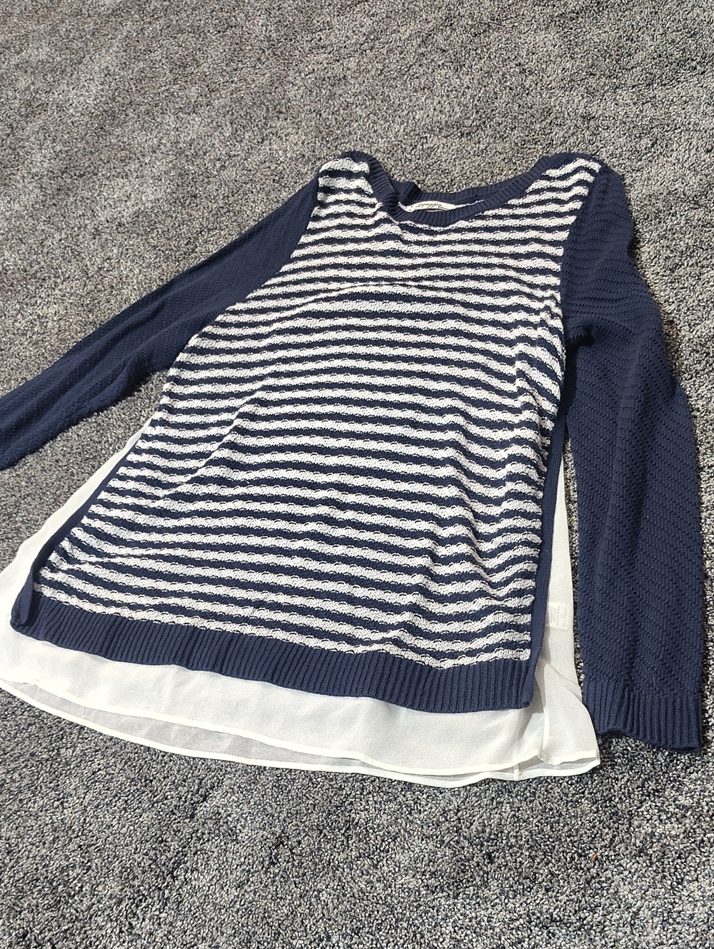 Navy and White Striped Crewneck Sweater with Chiffon Hem